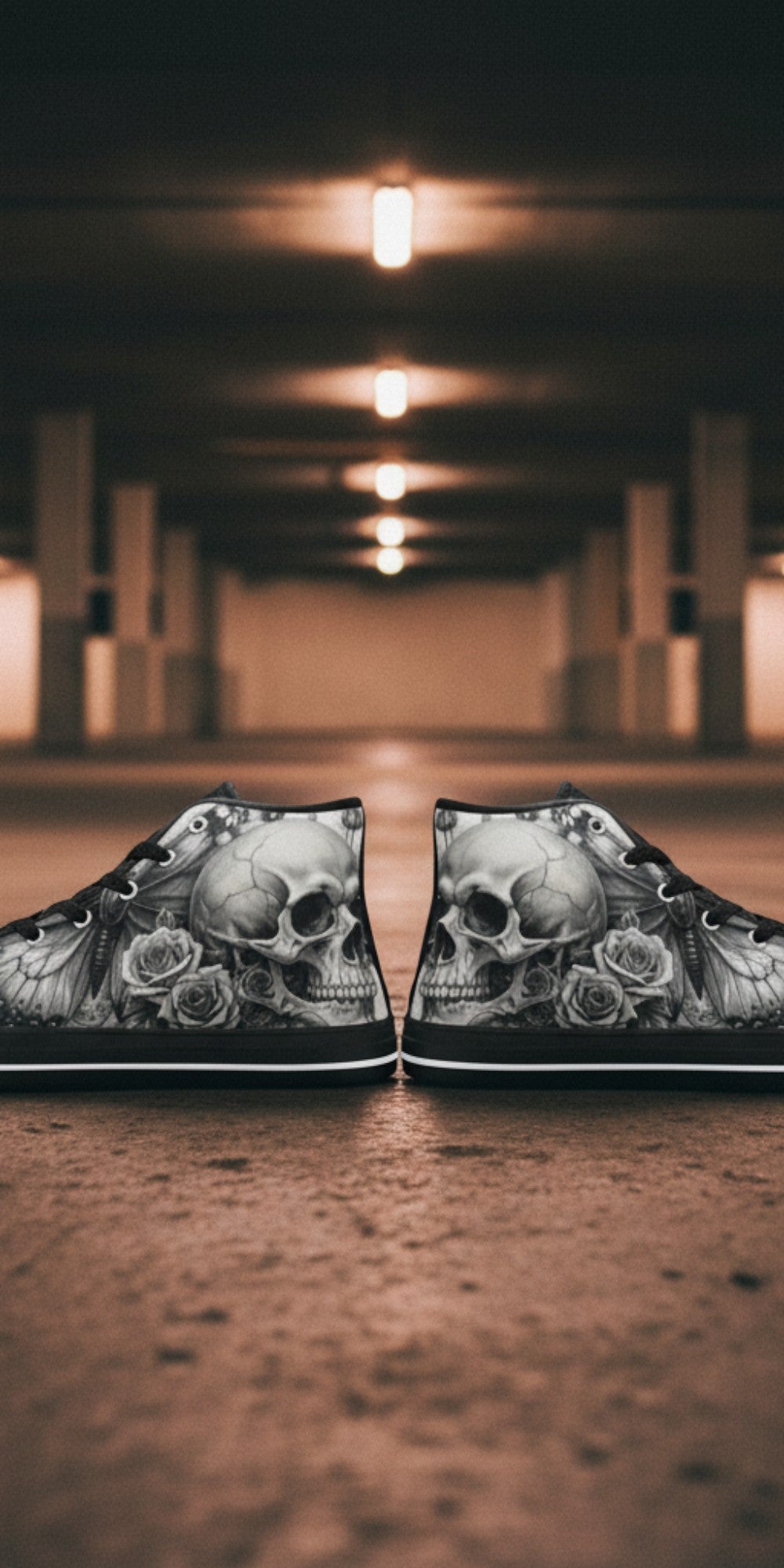 Women's Grey Gothic Rose Skull Dark Art high-top canvas shoes, custom full-wrap printed design — Freaky Shoes