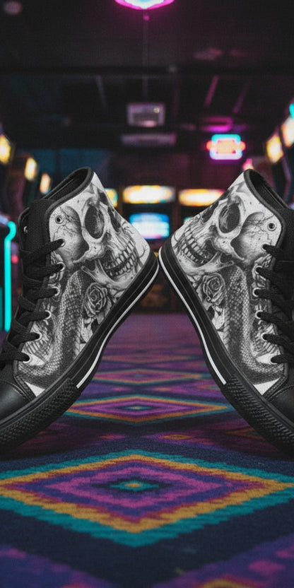 Men's Dark Gothic Rose Art Skull high-top canvas shoes, custom full-wrap printed design — Freaky Shoes