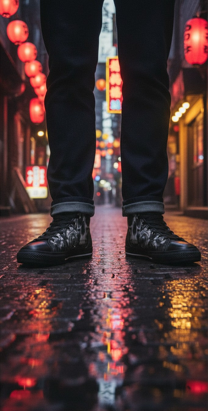 Freaky Shoes® Gothic dark skull and rose print high-top canvas sneakers worn on a wet city street at night.