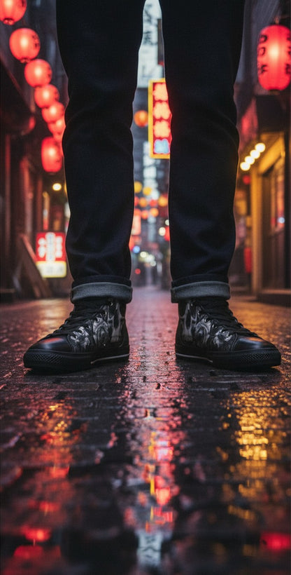 Freaky Shoes® Gothic dark skull and rose print high-top canvas sneakers worn on a wet city street at night.