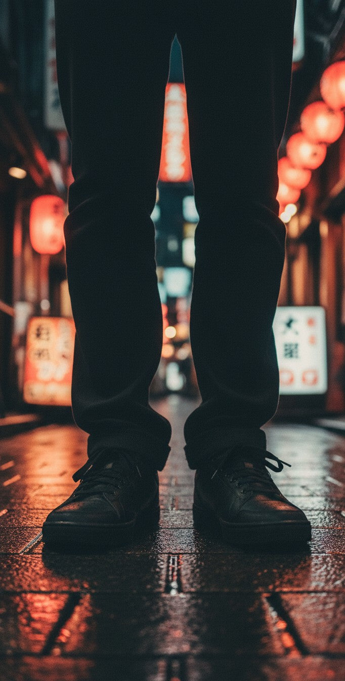 Freaky Shoes® Gothic Dark Skull Rose high top canvas sneakers worn by a person on a wet city street at night.