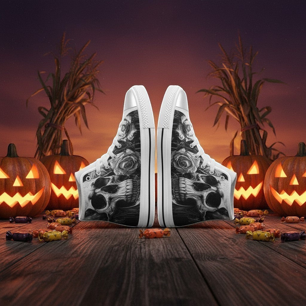 Women's Grey Skull & Dark Rose Gothic high-top canvas shoes — one-of-a-kind custom printed art, Freaky Shoes