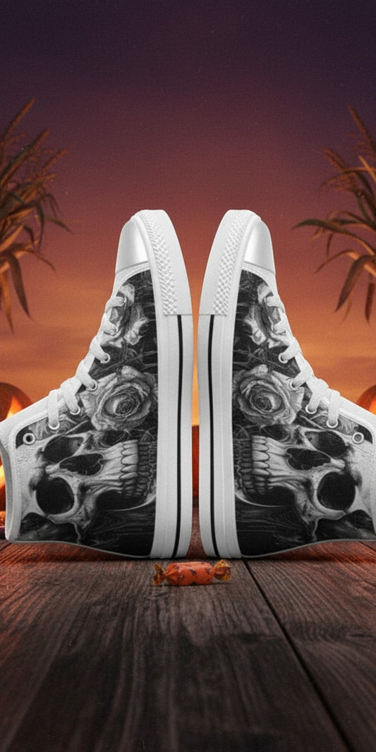 Freaky Shoes® gothic high top canvas sneakers featuring a grey skull and dark rose print on a Halloween background.