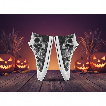 Custom Women's Grey Skull & Dark Rose Gothic high-top canvas shoes with bold all-over art — Freaky Shoes