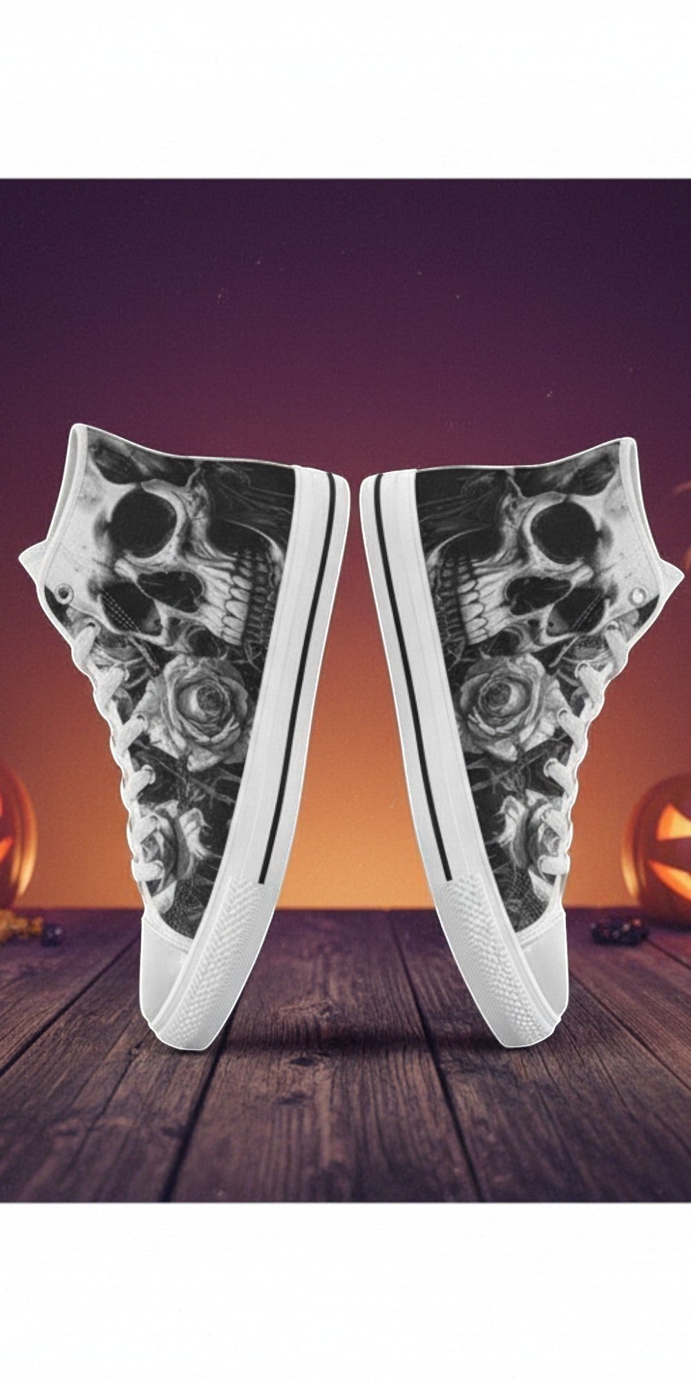 Women's Grey Skull & Dark Rose Gothic hand-made high-top canvas shoes — unique wearable art by Freaky Shoes