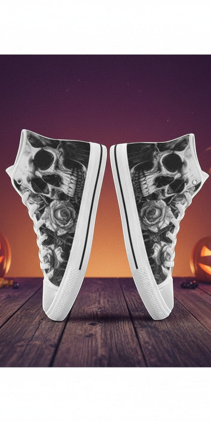Women's Grey Skull & Dark Rose Gothic hand-made high-top canvas shoes — unique wearable art by Freaky Shoes