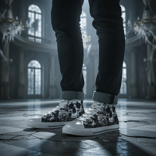 Freaky Shoes® women's grey high-top canvas shoes featuring a gothic skull and dark rose print in a moody ballroom