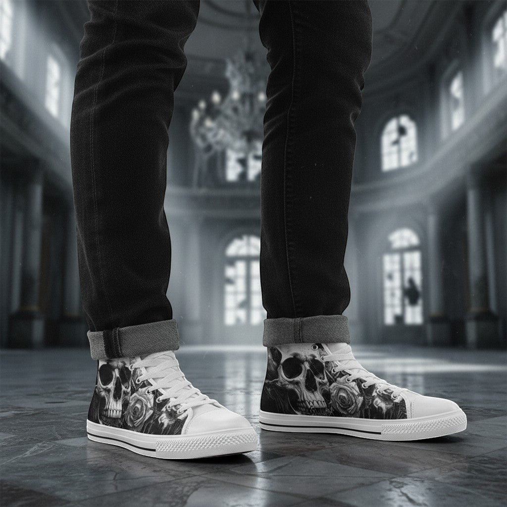 Freaky Shoes® women's high-top canvas sneakers featuring a grey skull and dark rose gothic print in a ballroom setting.