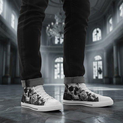 Freaky Shoes® women's high-top canvas sneakers featuring a grey skull and dark rose gothic print in a ballroom setting.