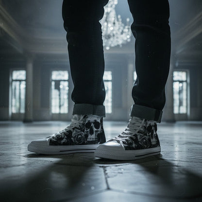 Freaky Shoes® women's grey high-top canvas sneakers featuring a gothic skull and dark rose print in a moody setting.