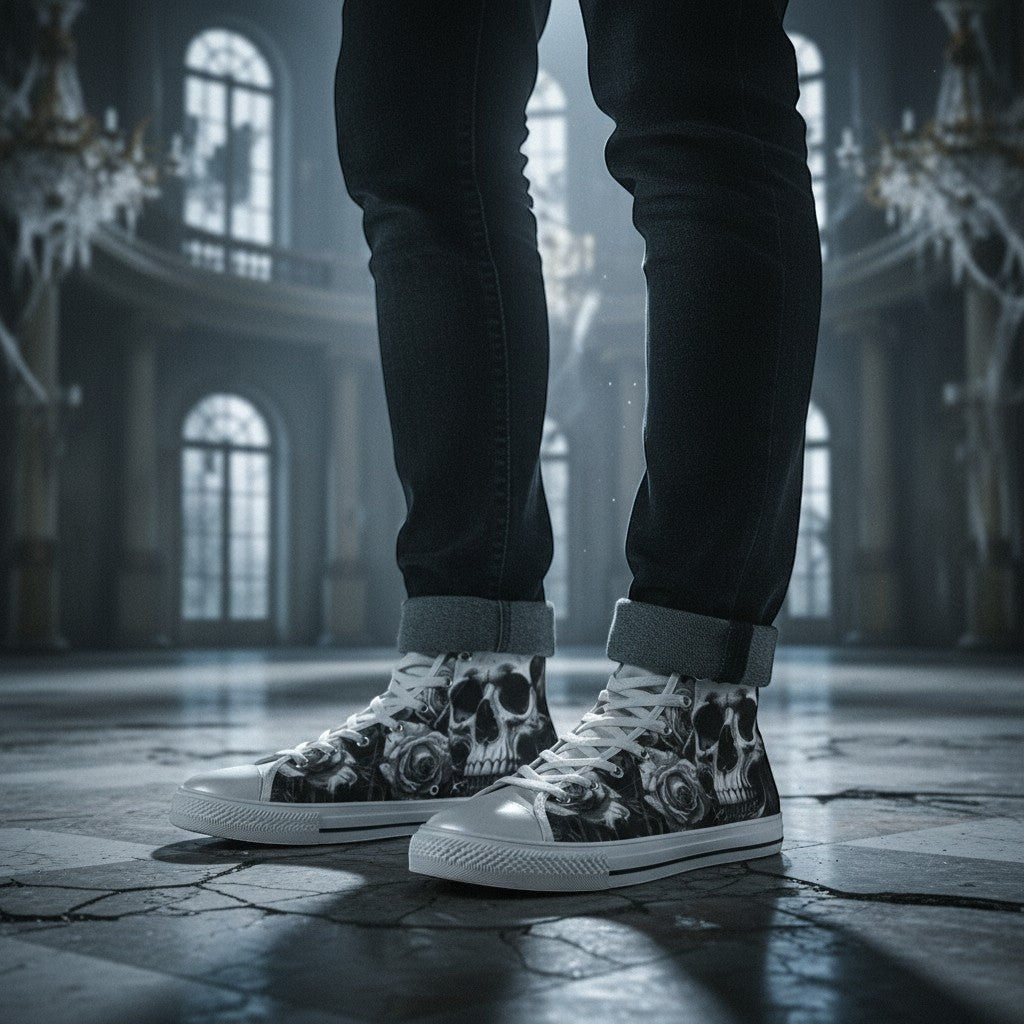 Freaky Shoes® women's grey high-top canvas shoes featuring a gothic skull and dark rose print in a moody ballroom