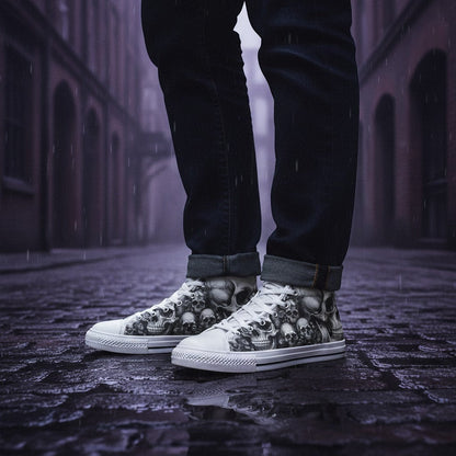 Freaky Shoes® high-top canvas sneakers featuring a dark gothic skull and rose art print on a rainy cobblestone street.