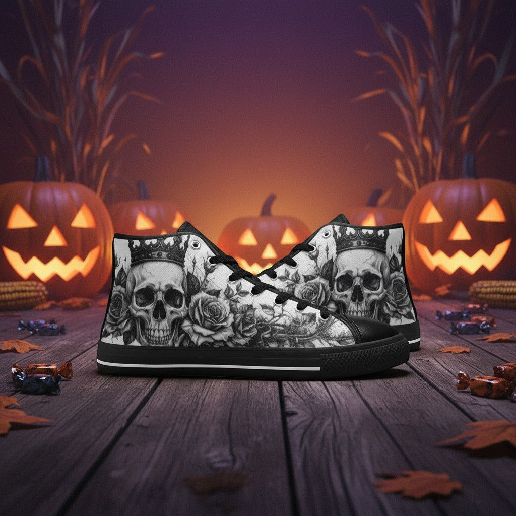 Freaky Shoes® grey gothic high-top canvas sneakers featuring a skull and rose print on a wooden floor with pumpkins.