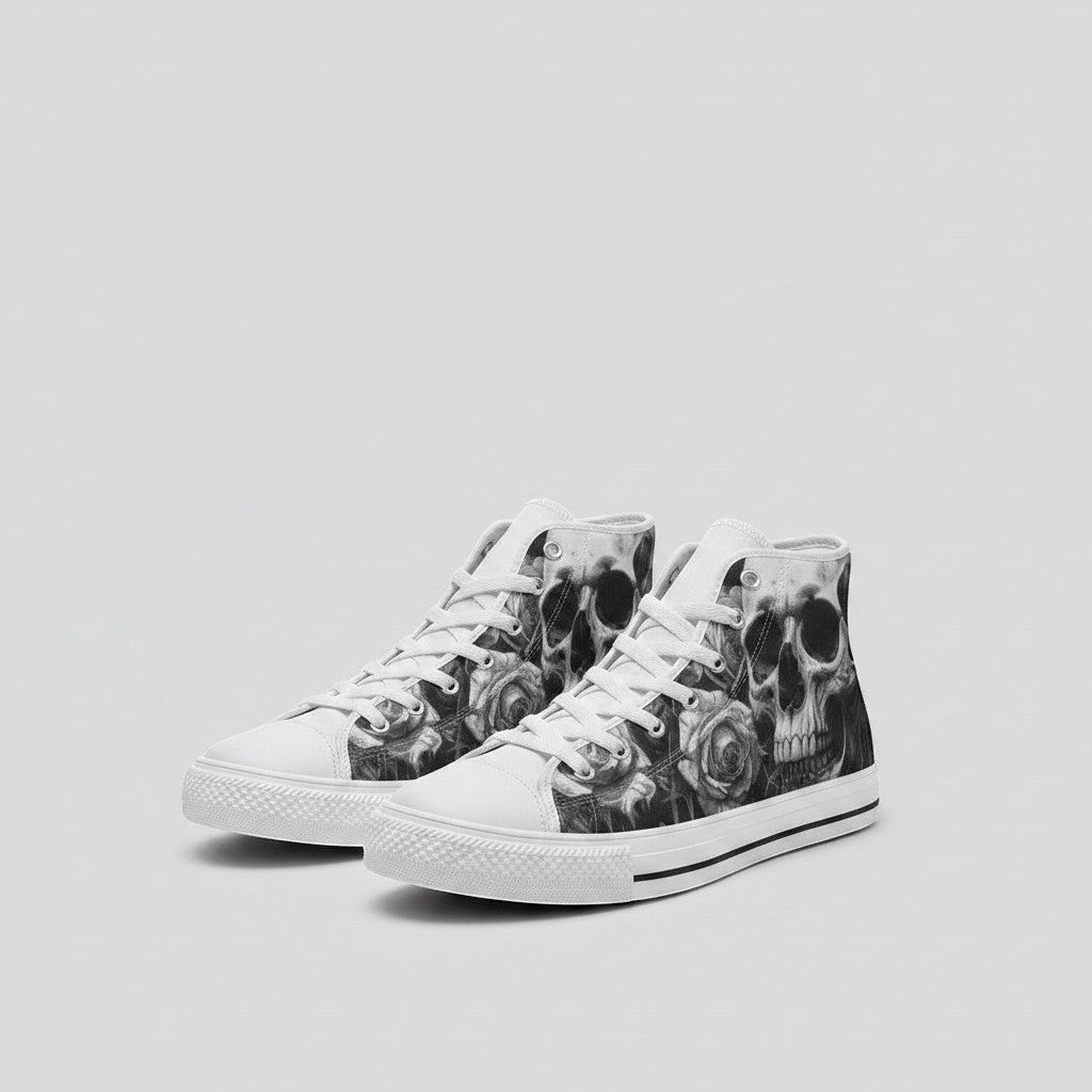 Freaky Shoes® women's high-top canvas sneakers featuring a grey gothic skull and dark rose print with white laces.