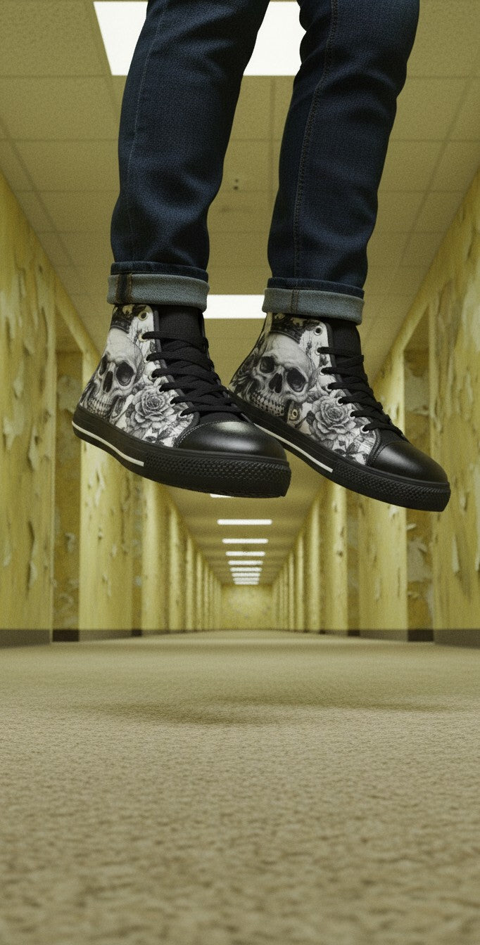 Freaky Shoes® gothic high top canvas sneakers with grey skull and rose print, black laces, and rubber outsoles.