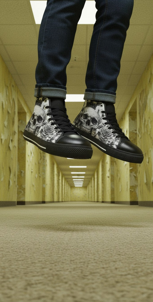 Freaky Shoes® gothic high top canvas sneakers with grey skull and rose print, black laces, and rubber outsoles.