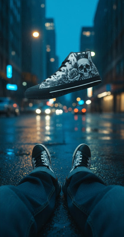 Freaky Shoes® grey skull and roses gothic high top canvas sneakers with black rubber soles on a rainy city street.