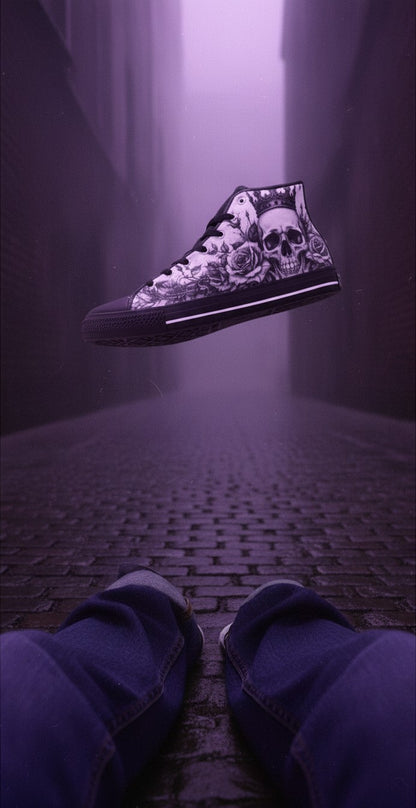 Freaky Shoes® gothic high top canvas sneakers featuring a grey skull and rose print in a moody purple alleyway.