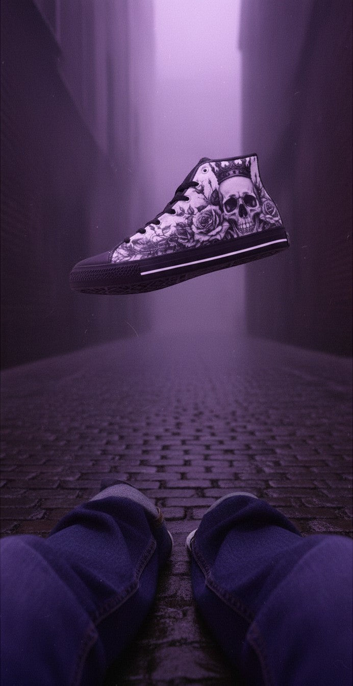 Women's Grey Skull & Roses Gothic high-top canvas shoes — one-of-a-kind custom printed art, Freaky Shoes