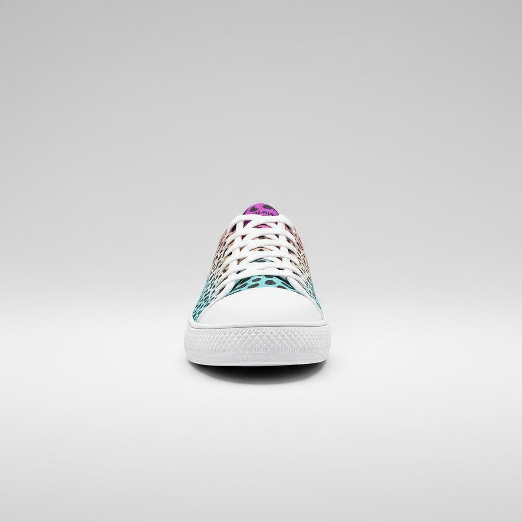Freaky Shoes® high-top canvas sneakers featuring a vibrant gradient leopard print pattern, front view.
