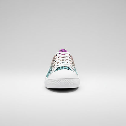 Freaky Shoes® high-top canvas sneakers featuring a vibrant gradient leopard print pattern, front view.