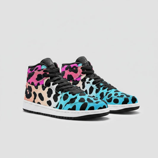Freaky Shoes® high-top canvas sneakers featuring a vibrant gradient leopard print in pink, orange, and blue.