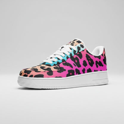 Freaky Shoes® high-top canvas sneakers featuring a vibrant gradient leopard print in pink, blue, and orange.