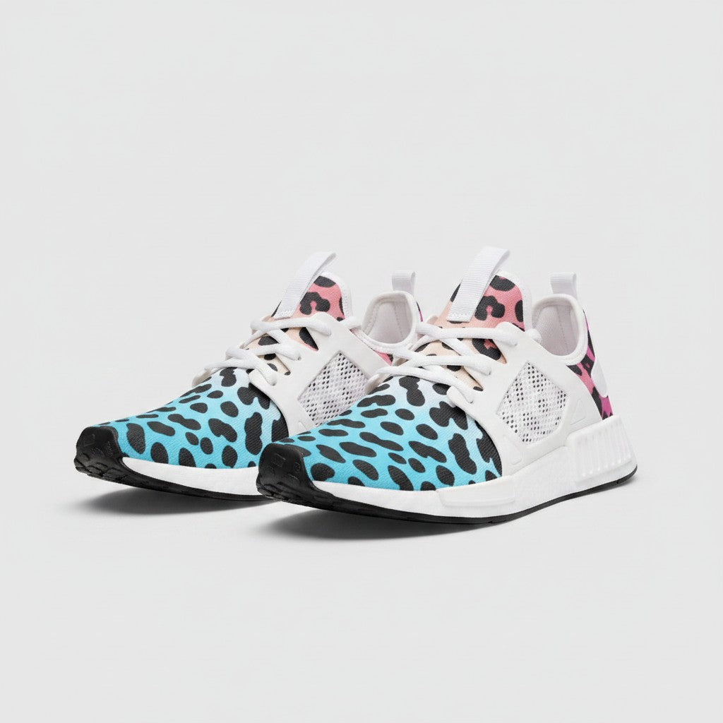 Freaky Shoes® high-top canvas sneakers featuring a vibrant blue to pink gradient leopard print and white mesh details.