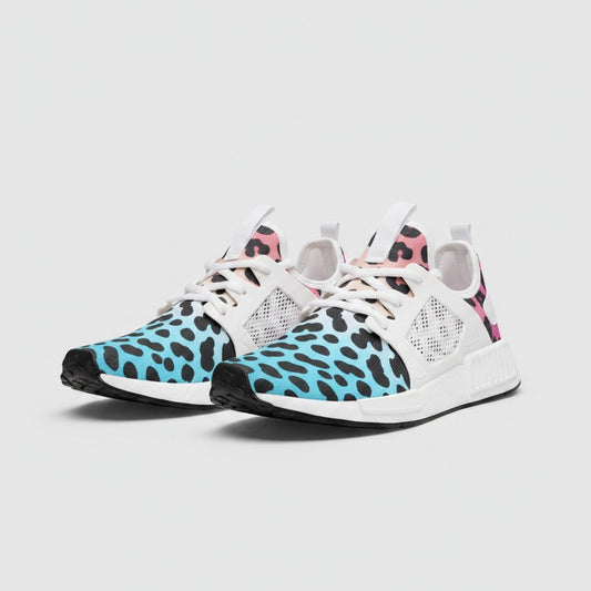 Freaky Shoes® high-top canvas sneakers featuring a vibrant blue to pink gradient leopard print and white mesh details.