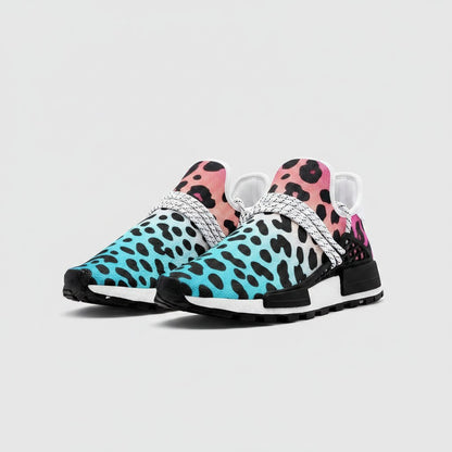 Freaky Shoes® high-top canvas sneakers featuring a vibrant blue to pink gradient leopard print and white laces.