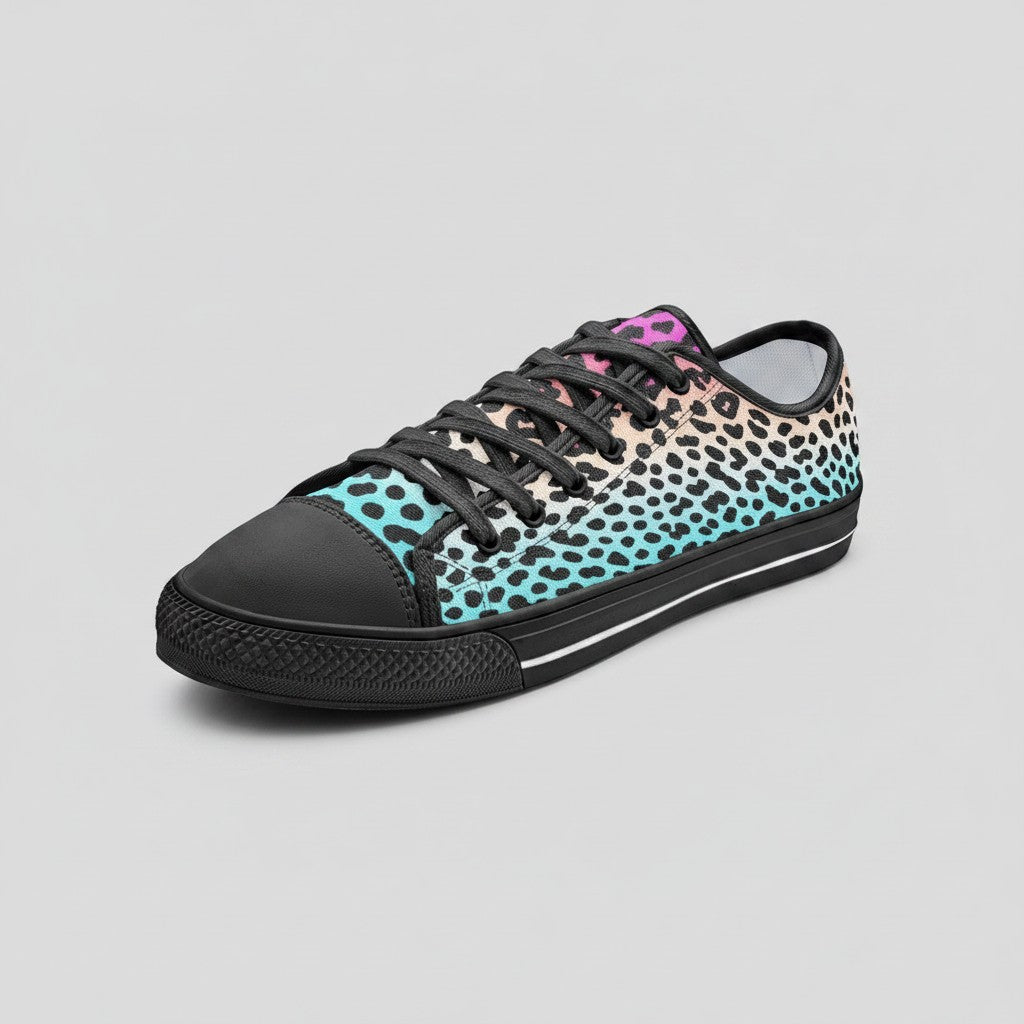 Freaky Shoes® gradient leopard print canvas low-top sneakers with black laces and rubber toe cap.