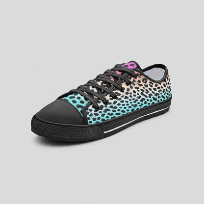 Freaky Shoes® gradient leopard print canvas low-top sneakers with black laces and rubber toe cap.