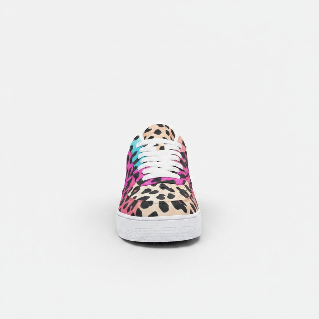 Freaky Shoes® gradient leopard print canvas high-top sneakers with white laces and a durable rubber sole.
