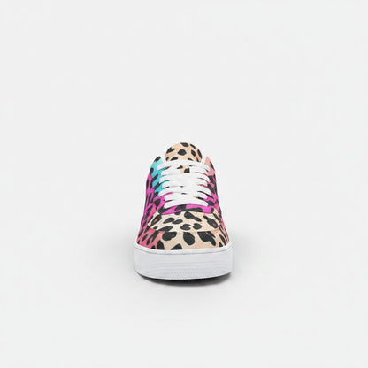 Freaky Shoes® gradient leopard print canvas high-top sneakers with white laces and a durable rubber sole.