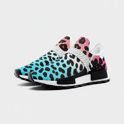 Freaky Shoes® high-top canvas sneakers featuring a vibrant blue to pink gradient leopard print and white laces.