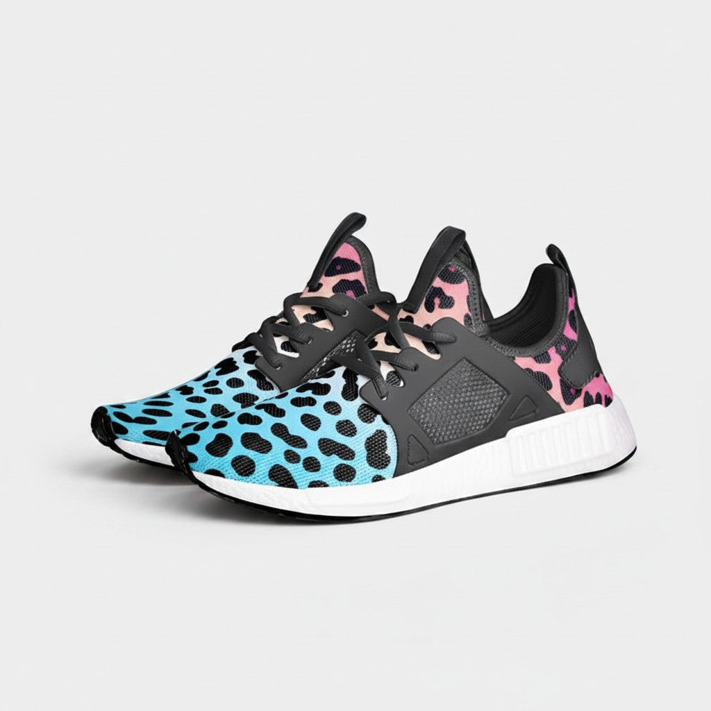 Freaky Shoes® high-top canvas sneakers featuring a vibrant blue to pink gradient leopard print and black mesh details.