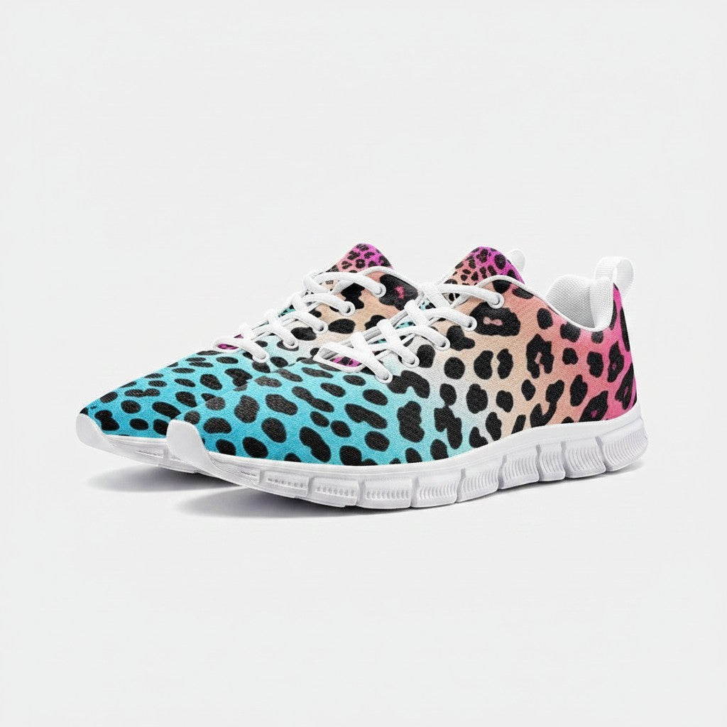 Freaky Shoes® high-top canvas sneakers featuring a vibrant blue to pink gradient leopard print and white EVA soles.