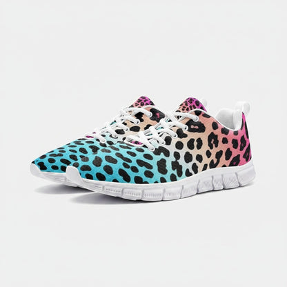 Freaky Shoes® high-top canvas sneakers featuring a vibrant blue to pink gradient leopard print and white EVA soles.