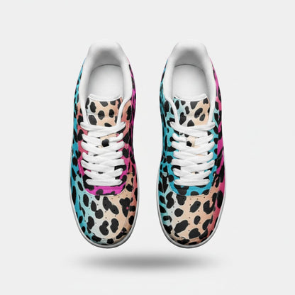 Freaky Shoes® high-top canvas sneakers featuring a vibrant gradient leopard print pattern and white laces.
