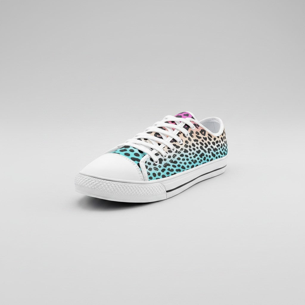 Freaky Shoes® gradient leopard print canvas sneakers with white laces and rounded toe construction.