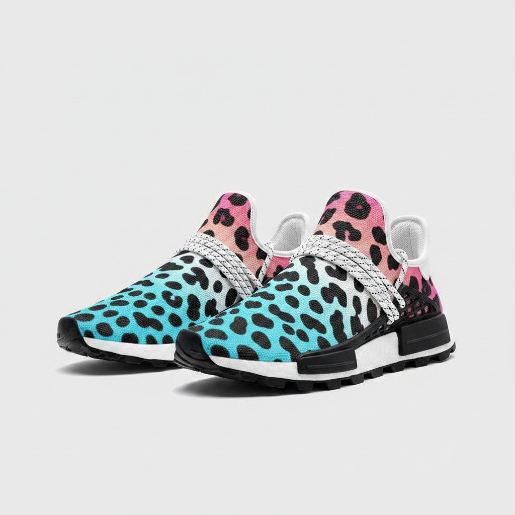 Freaky Shoes® high-top canvas sneakers featuring a vibrant blue to pink gradient leopard print and black soles.