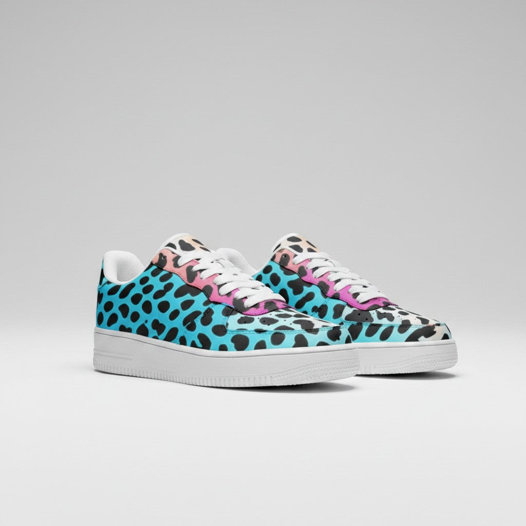 Freaky Shoes® high-top canvas sneakers featuring a vibrant blue and pink gradient leopard print and white rubber sole.