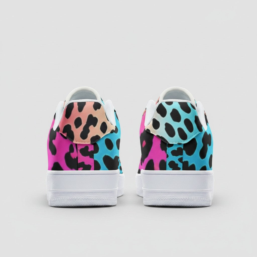Freaky Shoes® high-top canvas sneakers featuring a vibrant gradient leopard print in pink, blue, and orange.