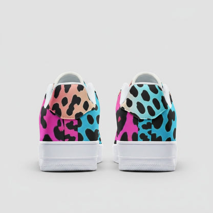 Freaky Shoes® high-top canvas sneakers featuring a vibrant gradient leopard print in pink, blue, and orange.