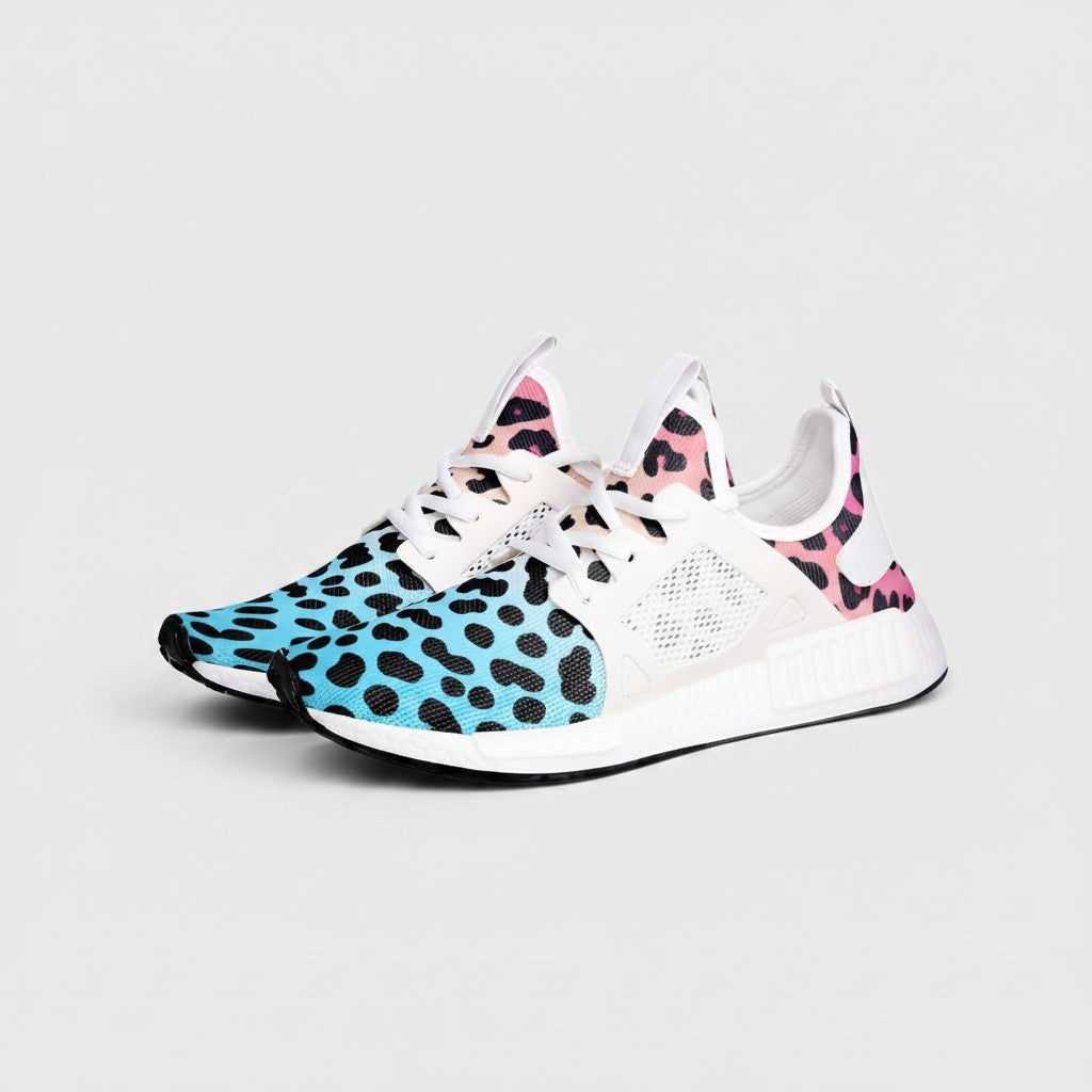 Freaky Shoes® high-top canvas sneakers featuring a vibrant blue to pink gradient leopard print pattern.