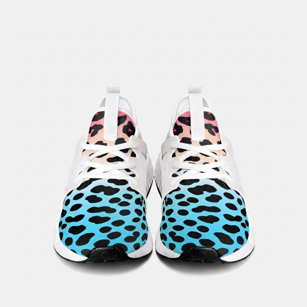 Freaky Shoes® high-top canvas sneakers featuring a vibrant gradient leopard print in blue, pink, and orange tones.