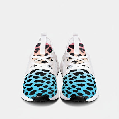 Freaky Shoes® high-top canvas sneakers featuring a vibrant gradient leopard print in blue, pink, and orange tones.