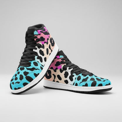 Freaky Shoes® high-top canvas sneakers with a vibrant gradient leopard print, black laces, and rubber outsoles.
