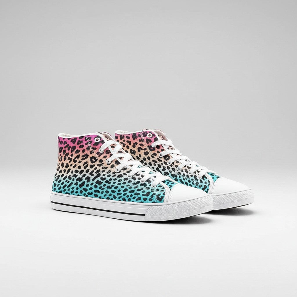 Freaky Shoes® high-top canvas sneakers featuring a vibrant pink to blue gradient leopard print and white laces.