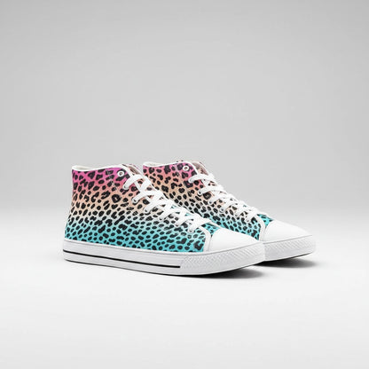 Freaky Shoes® high-top canvas sneakers featuring a vibrant pink to blue gradient leopard print and white laces.